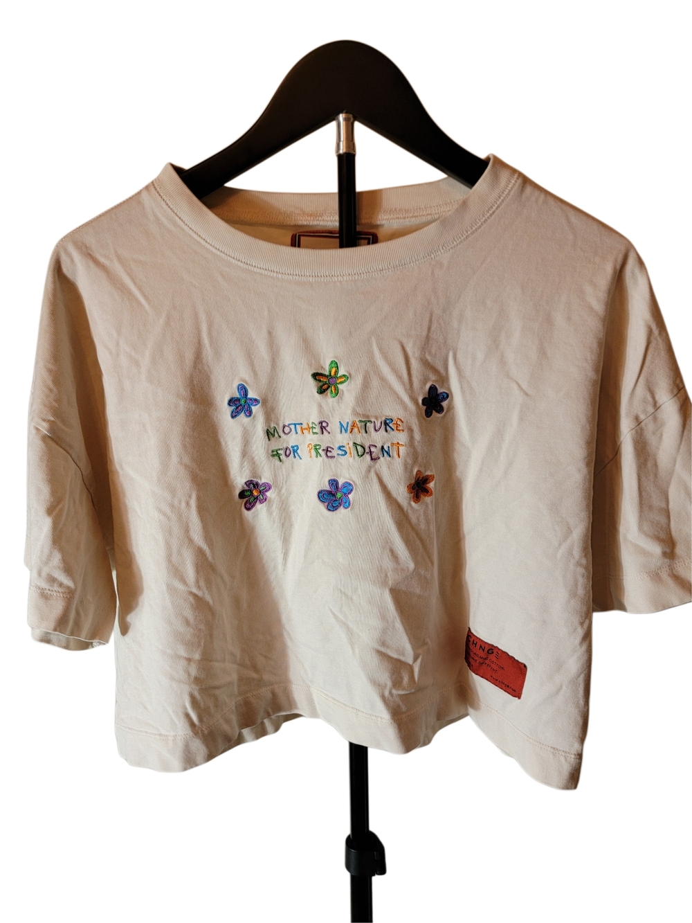 CHNGE Mother Nature For President Embroidered Crop Tee Cream Medium